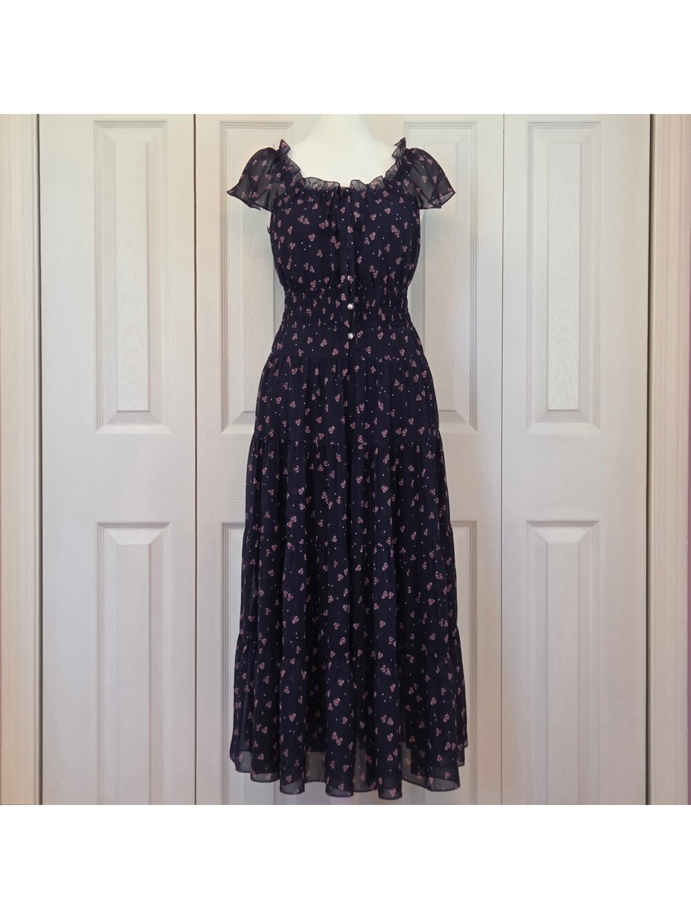 Pink Floral Navy Blue Tiered Ruffle Maxi Dress XS/S Japanese Coquette Cottage